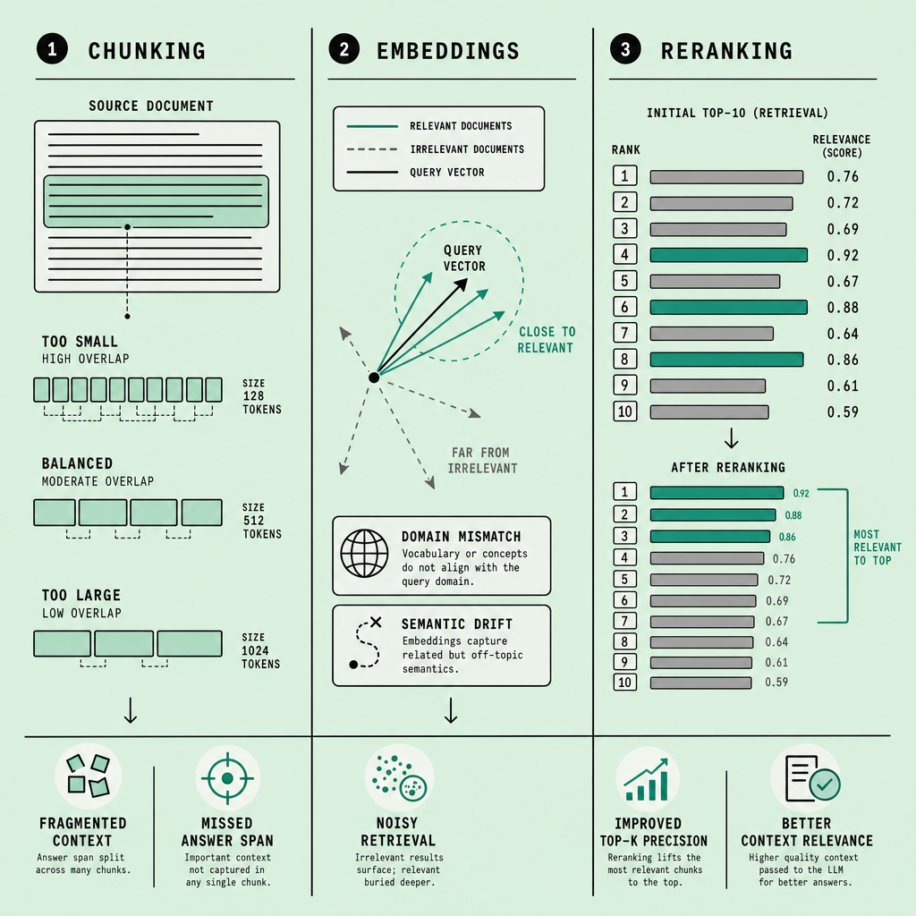 Three-part diagram showing chunk size comparisons, alignment between query and document vectors, and reranked search results, highlighting fragmented context, noisy retrieval, and improved top-k precision after reranking