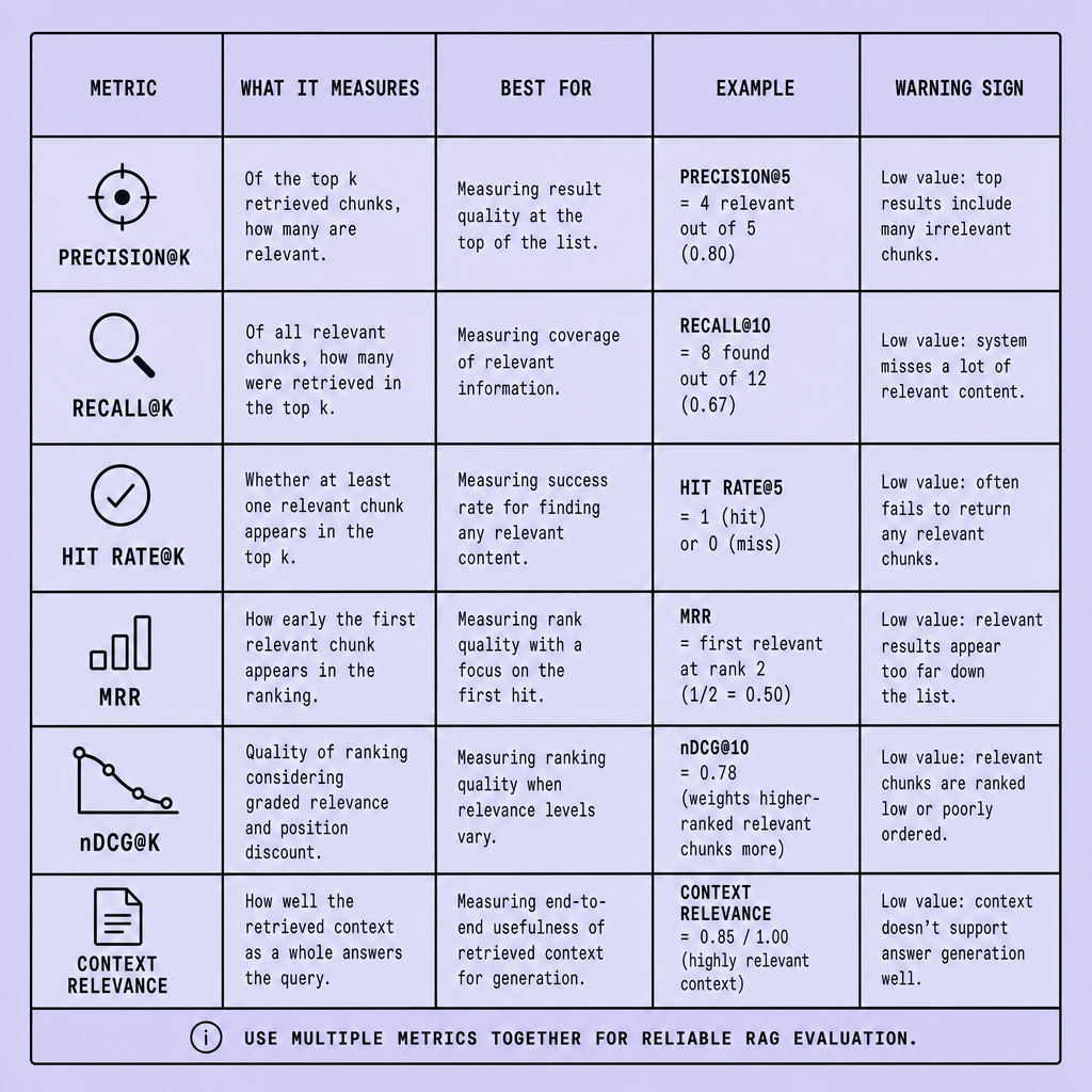 Comparison table showing retrieval evaluation metrics including Precision@k, Recall@k, Hit Rate, MRR, nDCG, and Context Relevance, with columns explaining what each metric measures, ideal use cases, examples, and warning signs