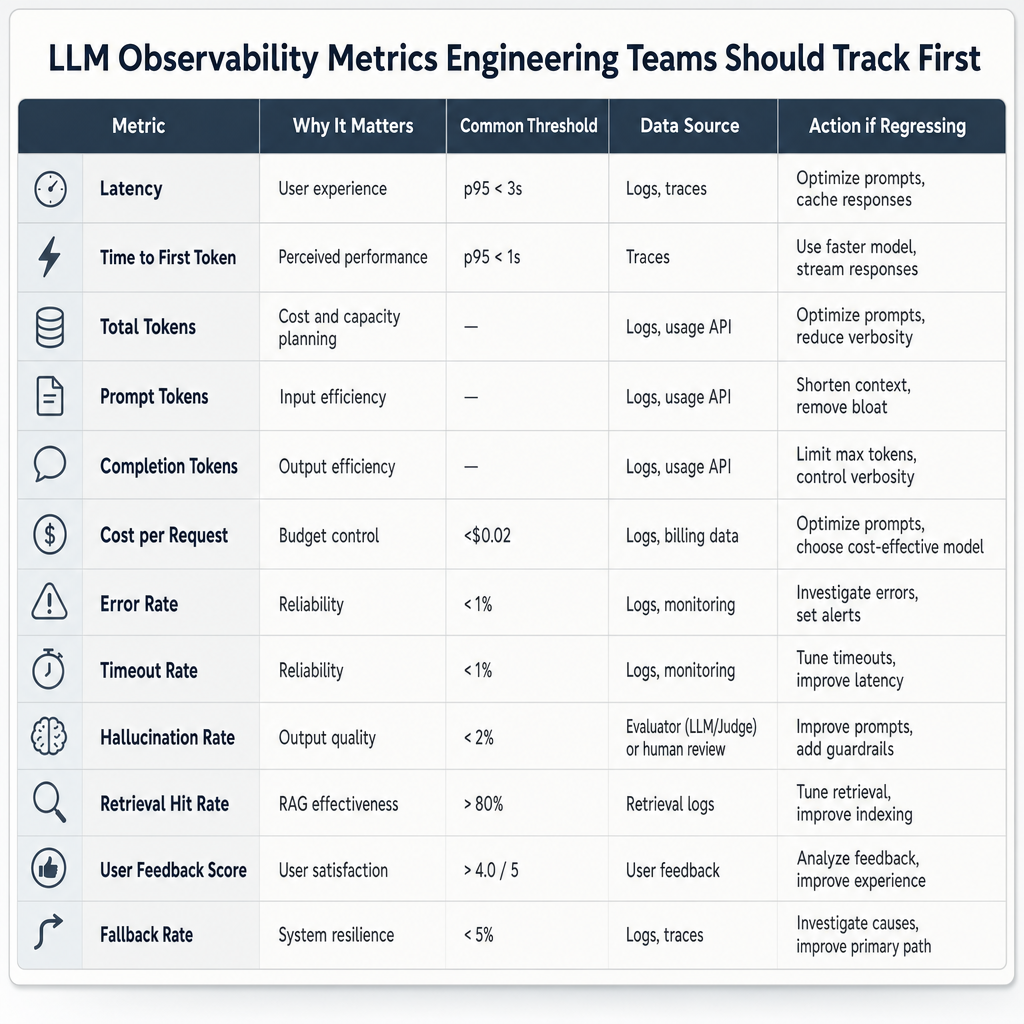 Table-style metric priority matrix listing latency, time to first token, token usage, cost, errors, hallucination rate, retrieval hit rate, and user feedback with columns for thresholds, data sources, and response actions