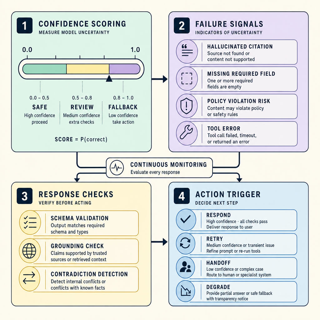 Four-panel infographic showing a confidence meter, failure signals, response validation checks, and action triggers that map outcomes to respond, retry, handoff, or graceful degradation