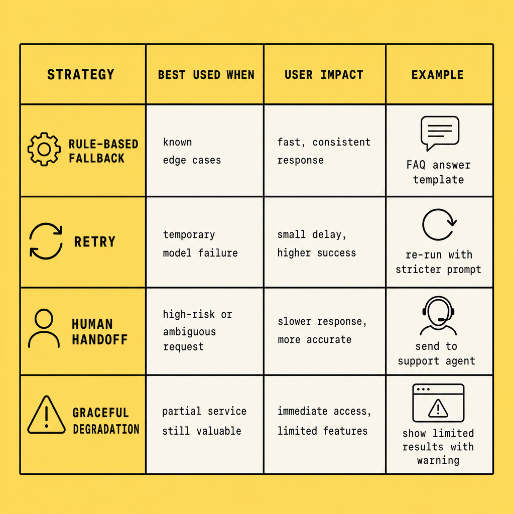 Comparison table showing rule-based fallback, retry, human handoff, and graceful degradation with columns for best use cases, user impact, and example scenarios