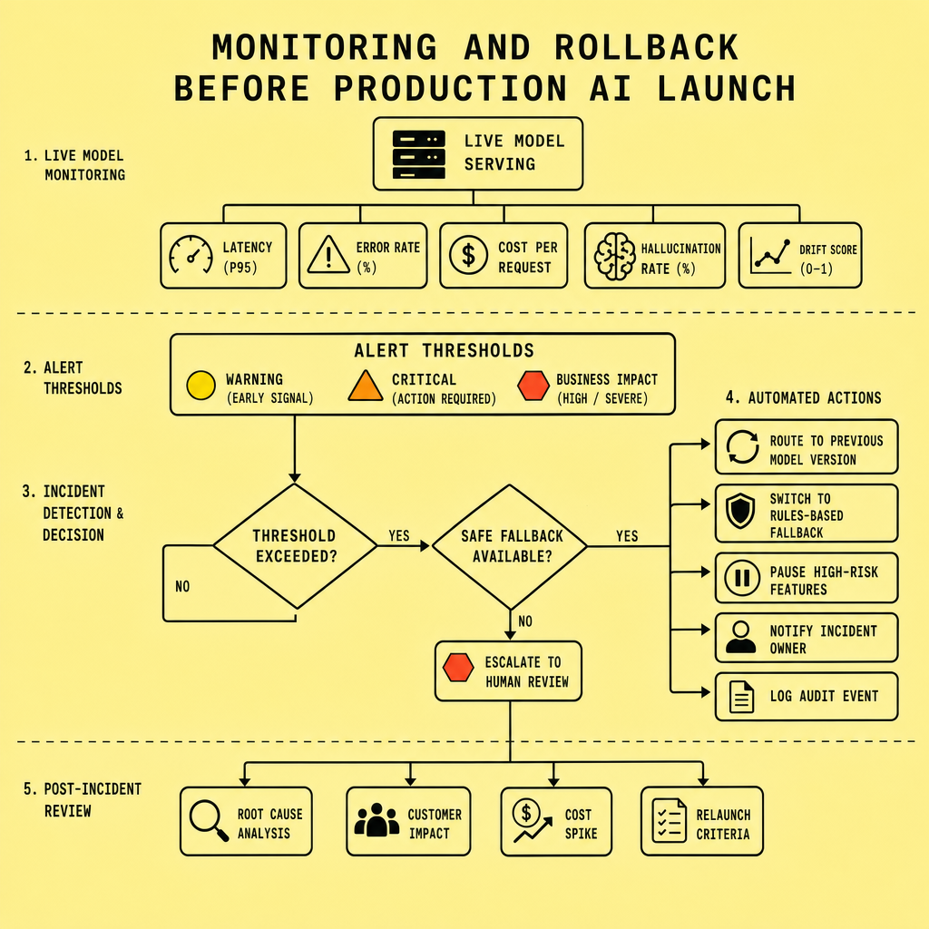 Flowchart showing AI monitoring metrics, alert thresholds, rollback decision points, fallback paths, and post-incident review steps for production operations