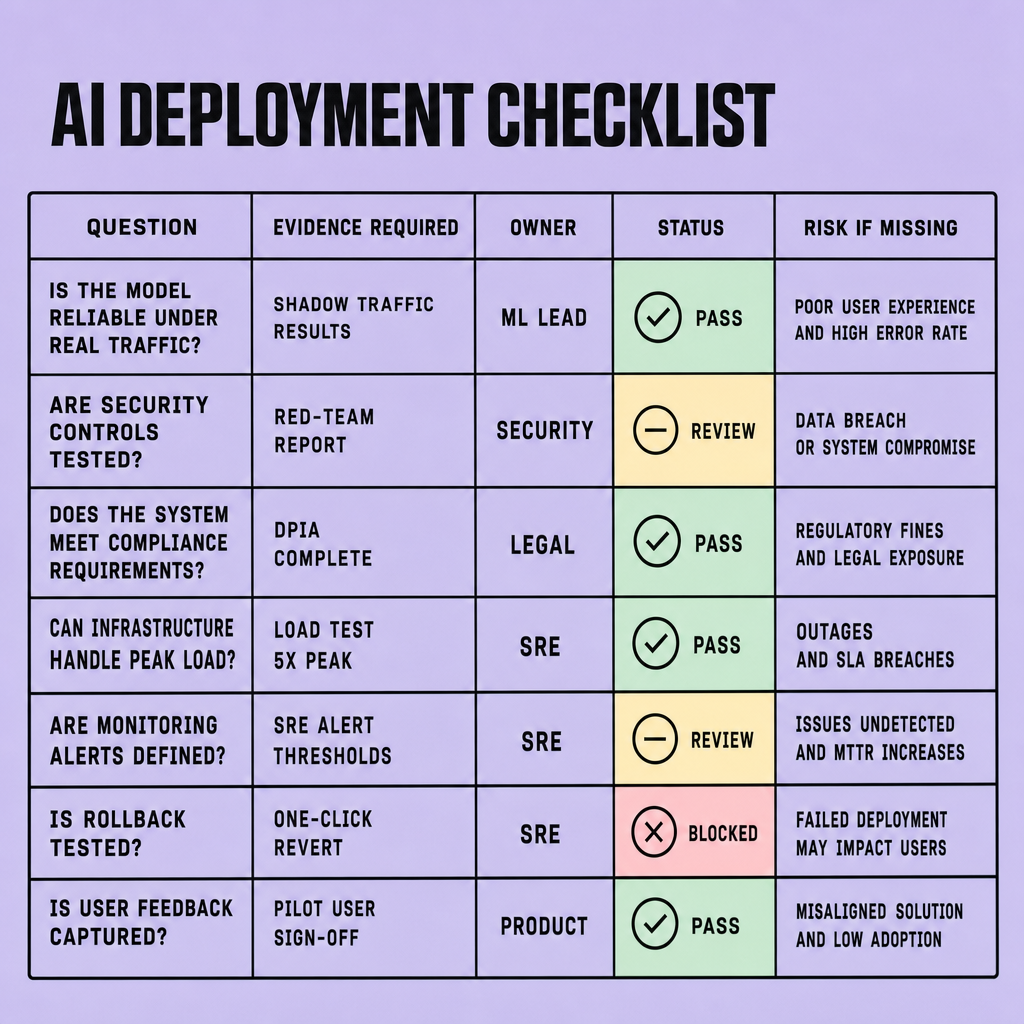 Checklist matrix showing AI deployment review questions, required evidence, accountable owners, status columns, and launch risk levels across go-live criteria