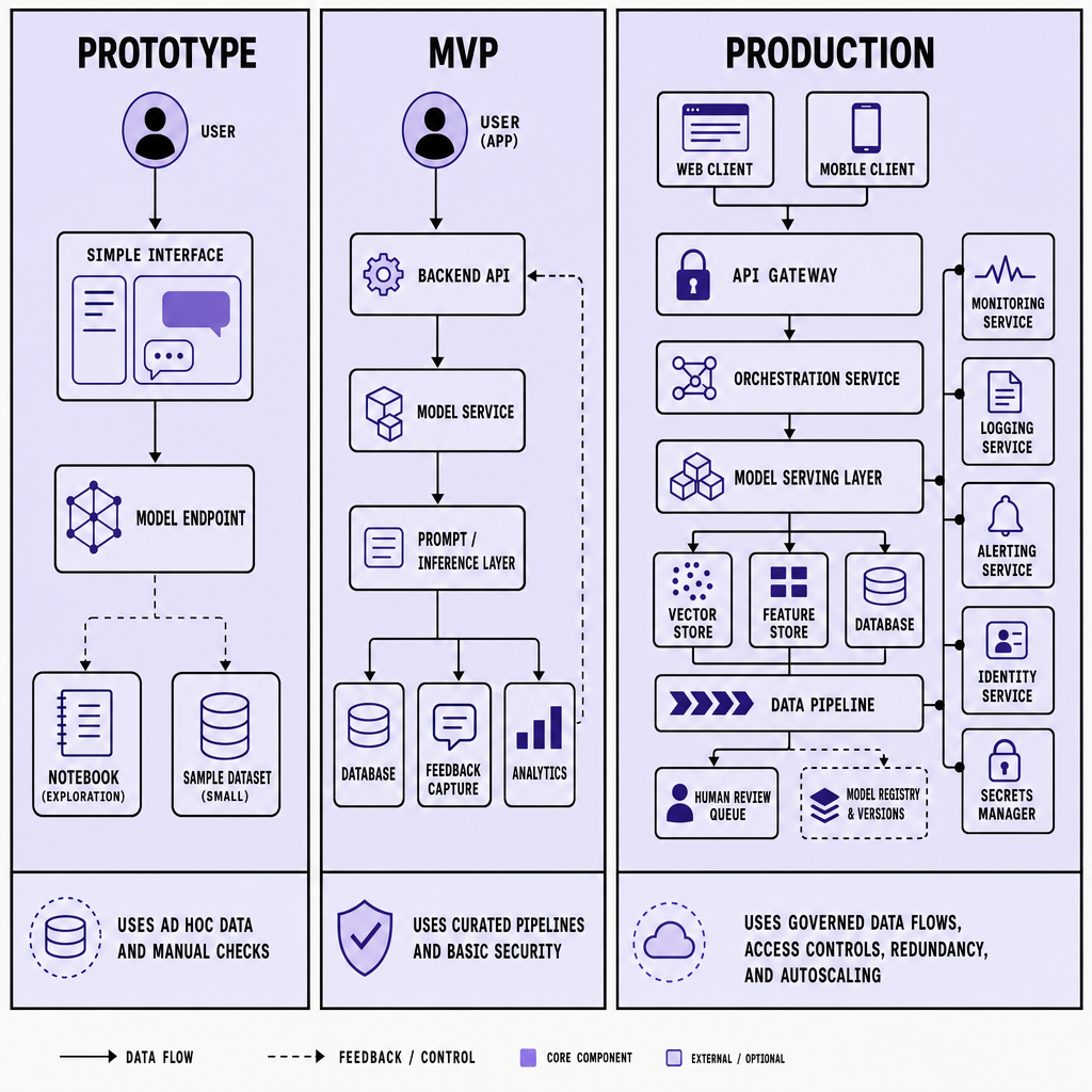 Three architecture diagrams comparing a notebook-based AI prototype, an API-backed AI MVP, and a production AI system with gateway, data pipelines, monitoring, identity service, secrets manager, and human review queue
