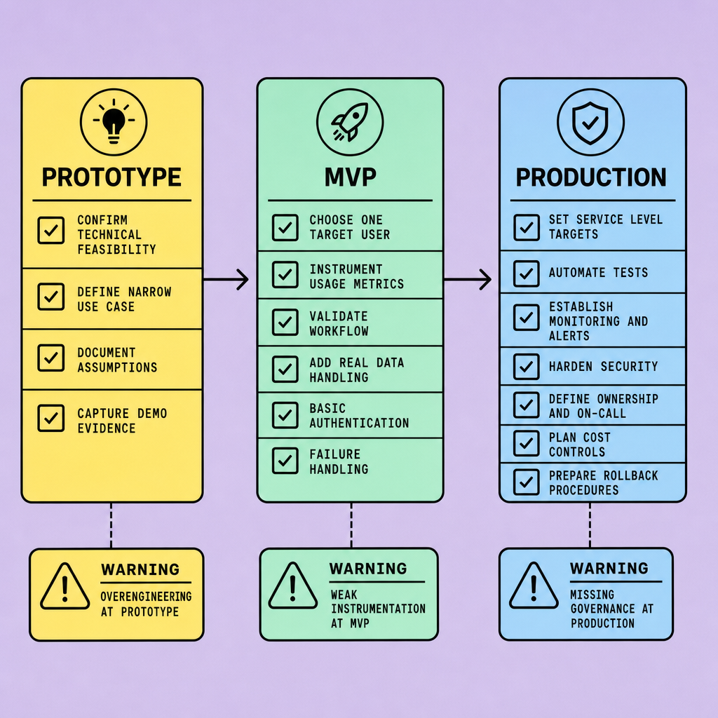 Flowchart showing progression from Prototype to MVP to Production with checklists for feasibility, instrumentation, real data, security, monitoring, ownership, cost controls, rollback, and stage-specific warnings