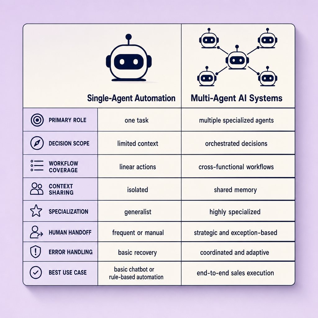 Side-by-side comparison table showing single-agent automation versus multi-agent AI systems across workflow coverage, context sharing, specialization, human handoff, and ideal sales use cases, with bot icons above each column