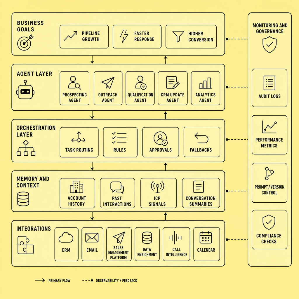 Layered Agentic GTM architecture diagram showing business goals at the top, specialized sales agents, an orchestration layer, shared memory and context, CRM and email integrations, and a monitoring and governance panel