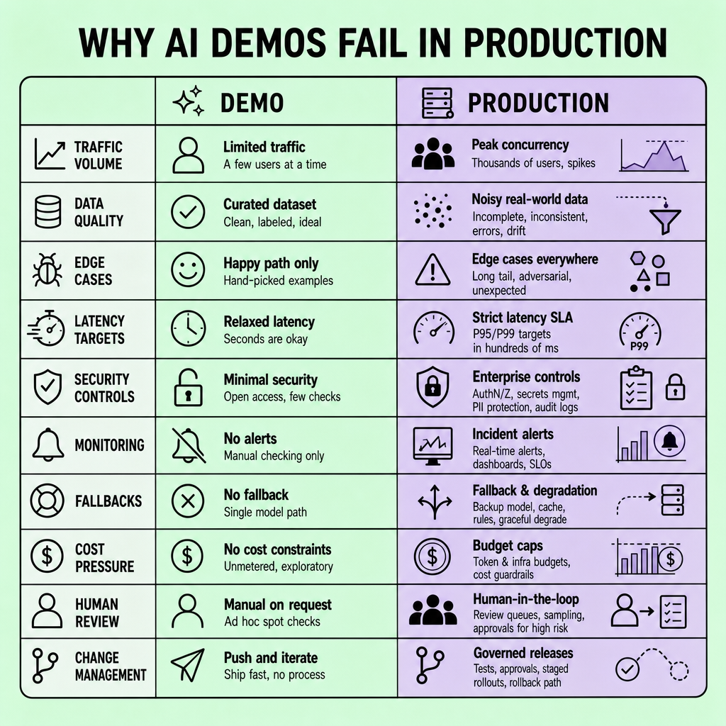 Side-by-side comparison table showing demo versus production conditions across traffic volume, edge cases, latency SLA, security controls, monitoring coverage, fallback paths, and cost pressure