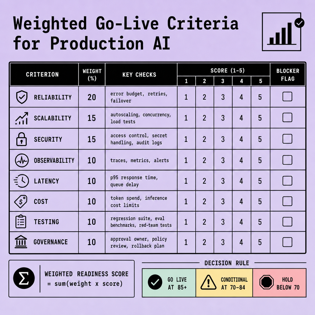 Feature matrix for production AI readiness with weighted go-live criteria rows for reliability, scalability, security, observability, latency, cost, testing, governance, and score thresholds