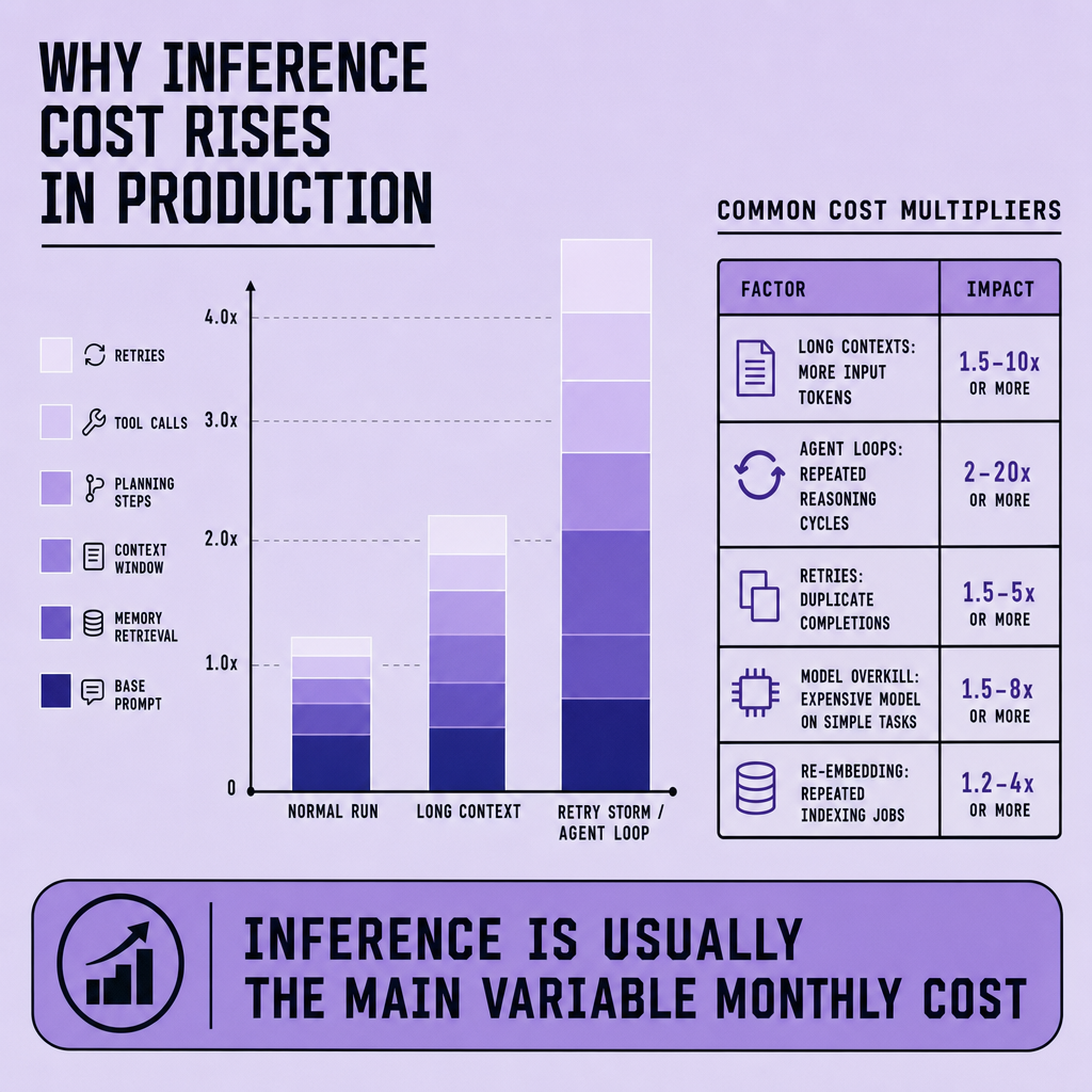 Stacked bar chart comparing normal run, long context, and retry storm scenarios with cost segments for planning steps, tool calls, memory retrieval, and retries