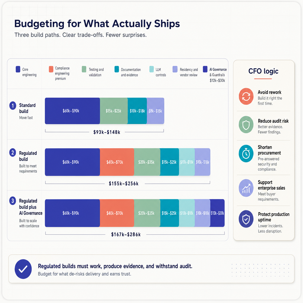 Budget comparison chart showing bars for a standard build, a regulated build, and a regulated build plus AI governance, with stacked segments for compliance engineering, validation, documentation, LLM controls, residency controls, and governance work
