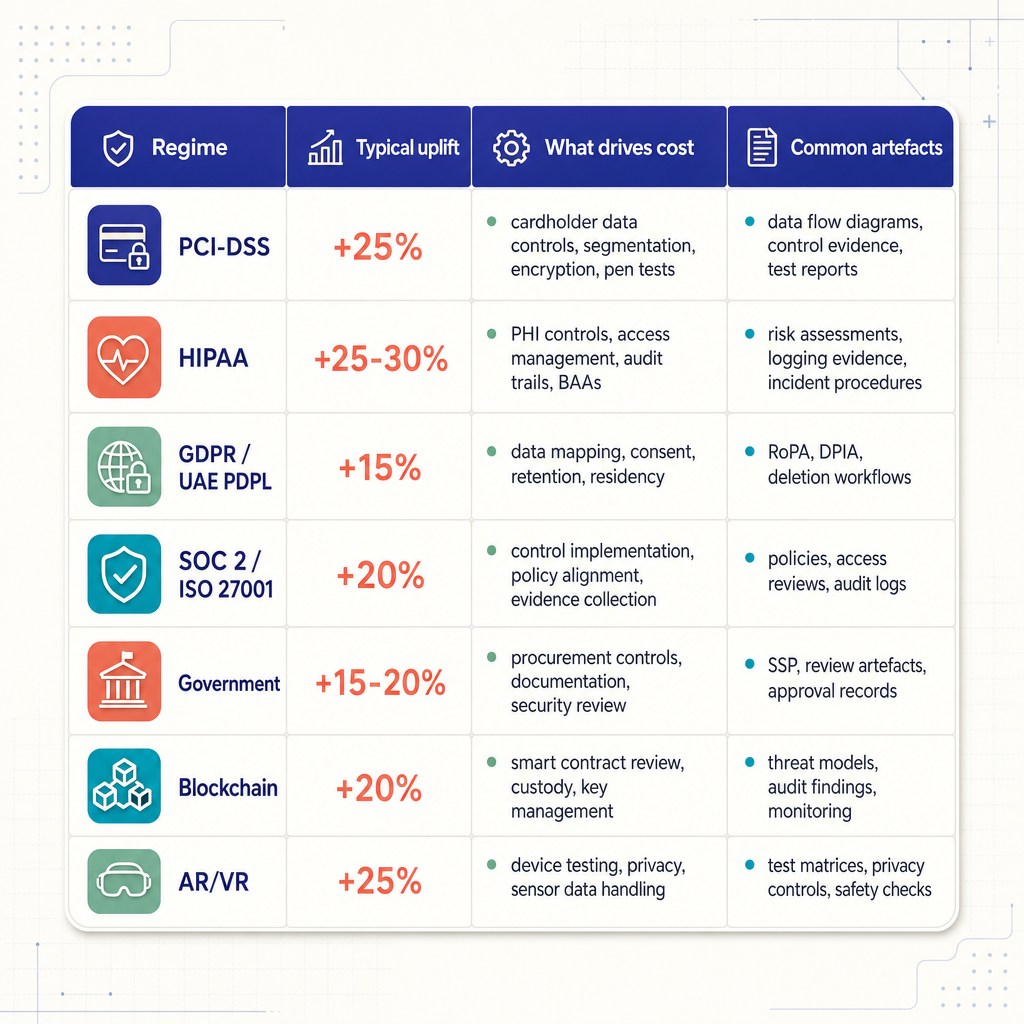 Square comparison table listing compliance regimes with typical percentage uplifts, cost drivers, and artefacts for PCI-DSS, HIPAA, GDPR or UAE PDPL, SOC 2 or ISO 27001, government, blockchain, and AR/VR