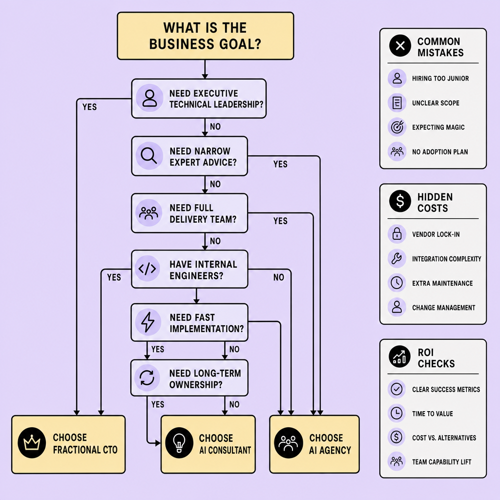 Decision flowchart with branching questions about leadership, specialist advice, delivery team, internal engineers, speed, and ownership leading to Fractional CTO, AI Consultant, or AI Agency outcomes