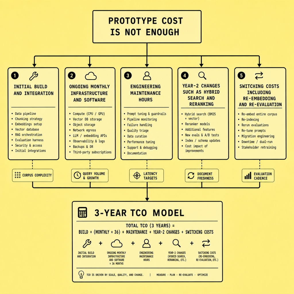 Flowchart showing how prototype cost, monthly infrastructure, maintenance hours, Year-2 architecture changes, and switching costs combine into a 3-year RAG total cost of ownership model