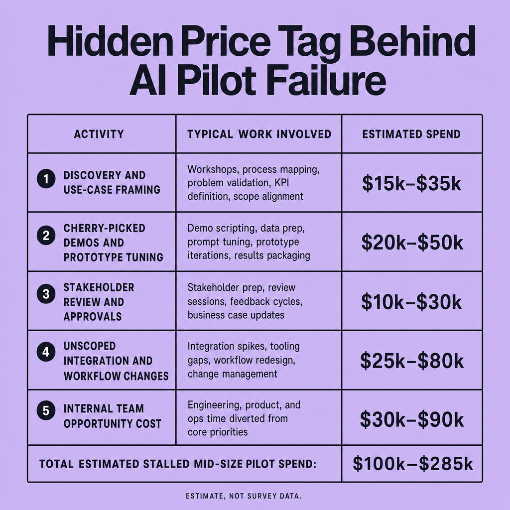 Table showing five AI pilot cost categories with estimated spend ranges: discovery $10,000-$30,000, prototype iteration $15,000-$50,000, stakeholder review $10,000-$25,000, unscoped integration $20,000-$80,000, and internal opportunity cost $20,000-$65,000, with a total estimate of $100,000-$285,000