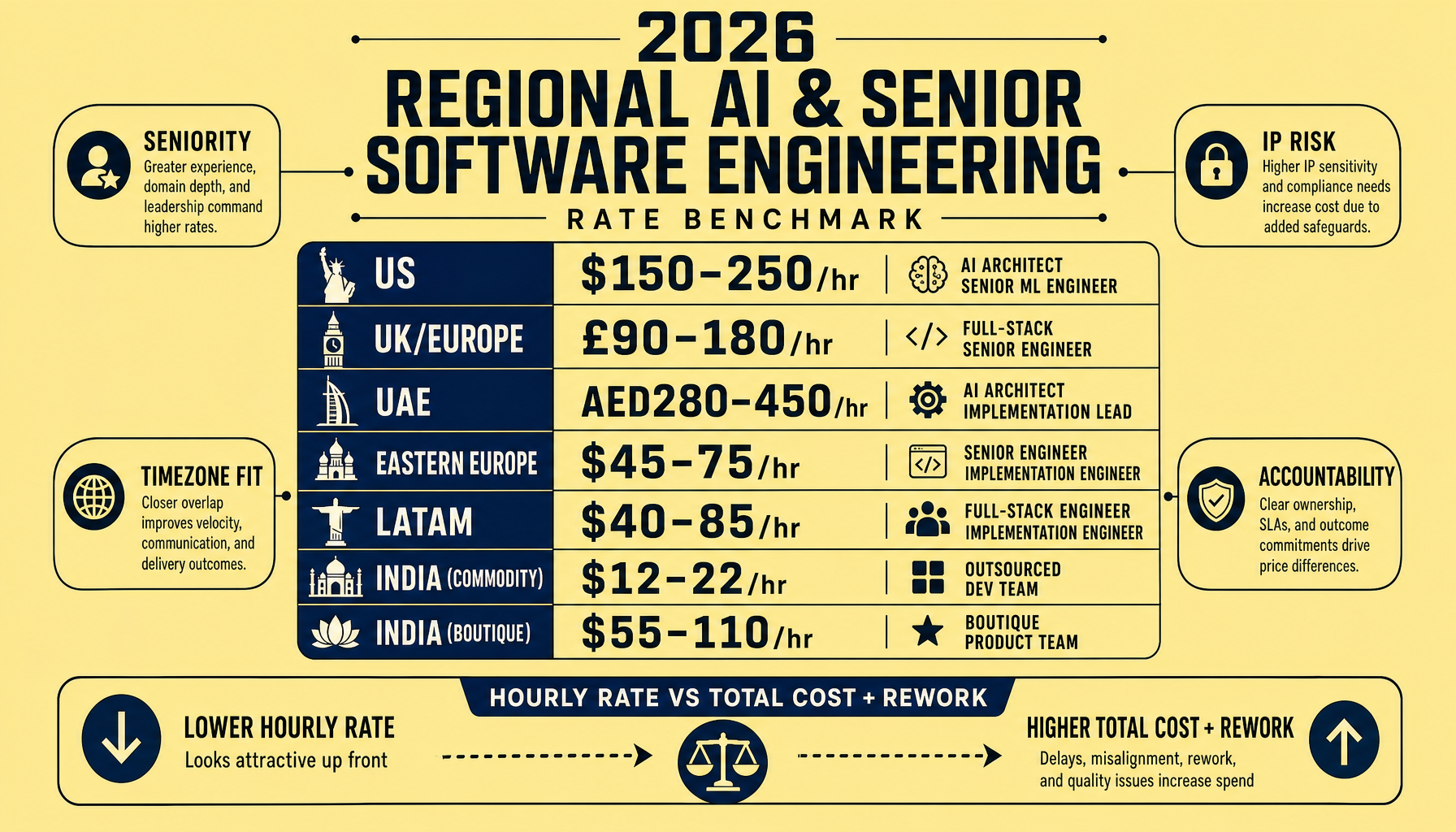 Benchmark chart showing 2026 hourly engineering rate ranges for US, UK/Europe, UAE, Eastern Europe, LatAm, India commodity, and India boutique, with visual labels indicating differences in seniority, IP risk, timezone fit, and delivery accountability