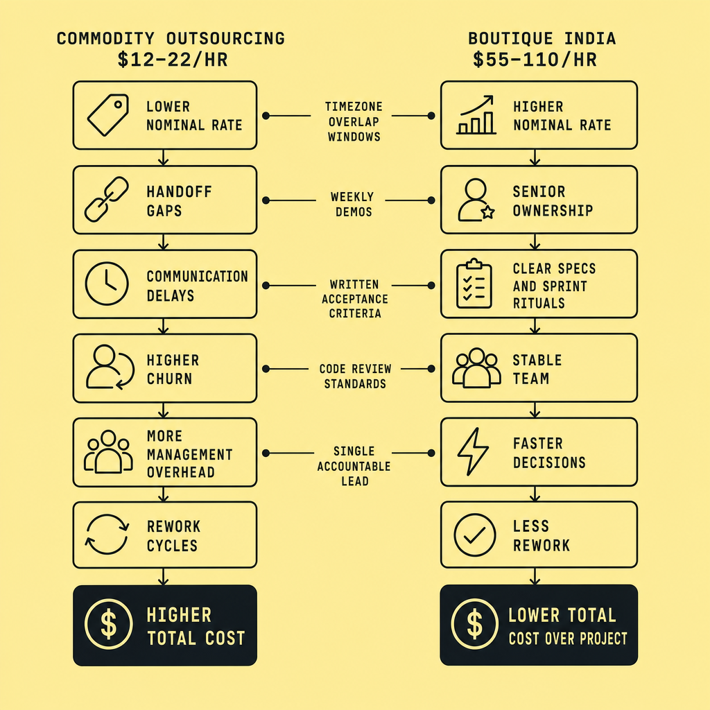 Flowchart comparing commodity India outsourcing at $12–22 per hour with boutique India teams at $55–110 per hour, illustrating different paths for communication delays, churn risk, rework, accountability mechanisms, and total delivery outcome