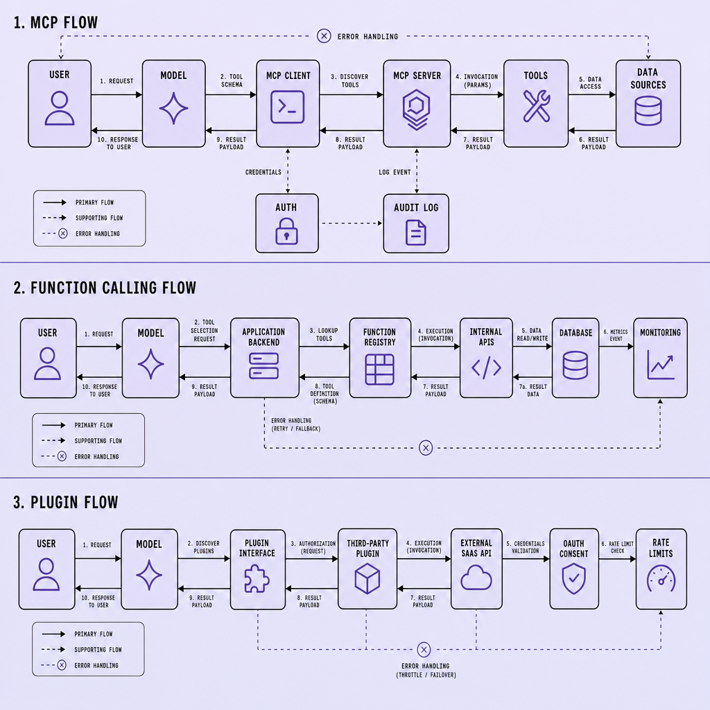 Three runtime flow diagrams showing a user request passing through app-backed function calling, third-party AI plugins, and MCP servers, including authentication checks, API hops, audit logging, and structured result payloads