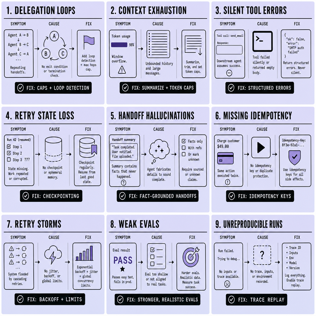 Nine-panel grid listing the production failure modes delegation loops, context exhaustion, silent tool errors, retry state loss, handoff hallucinations, missing idempotency, retry storms, weak evals, and unreproducible runs