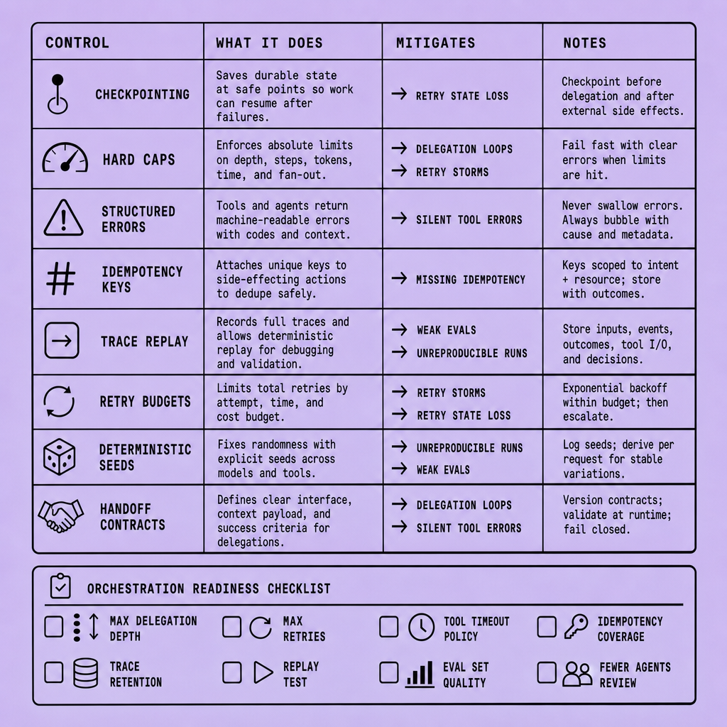 Comparison table showing checkpointing, hard caps, structured errors, idempotency keys, trace replay, and retry budgets mapped to different failure modes, with a checklist below for max retries and delegation depth