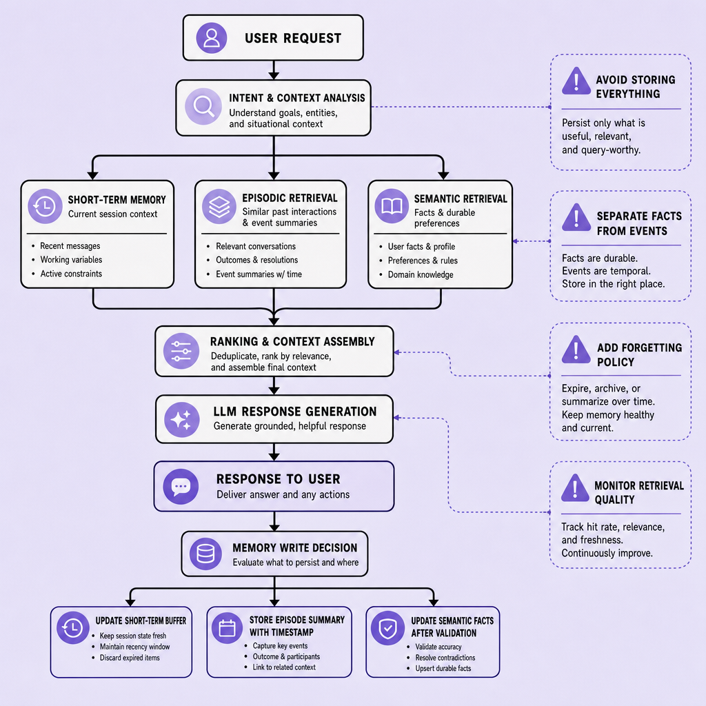 Flowchart showing a user request passing through intent analysis, short-term memory, episodic retrieval, semantic retrieval, context assembly, response generation, and memory write decisions, with warning notes about over-retrieval and poor filtering