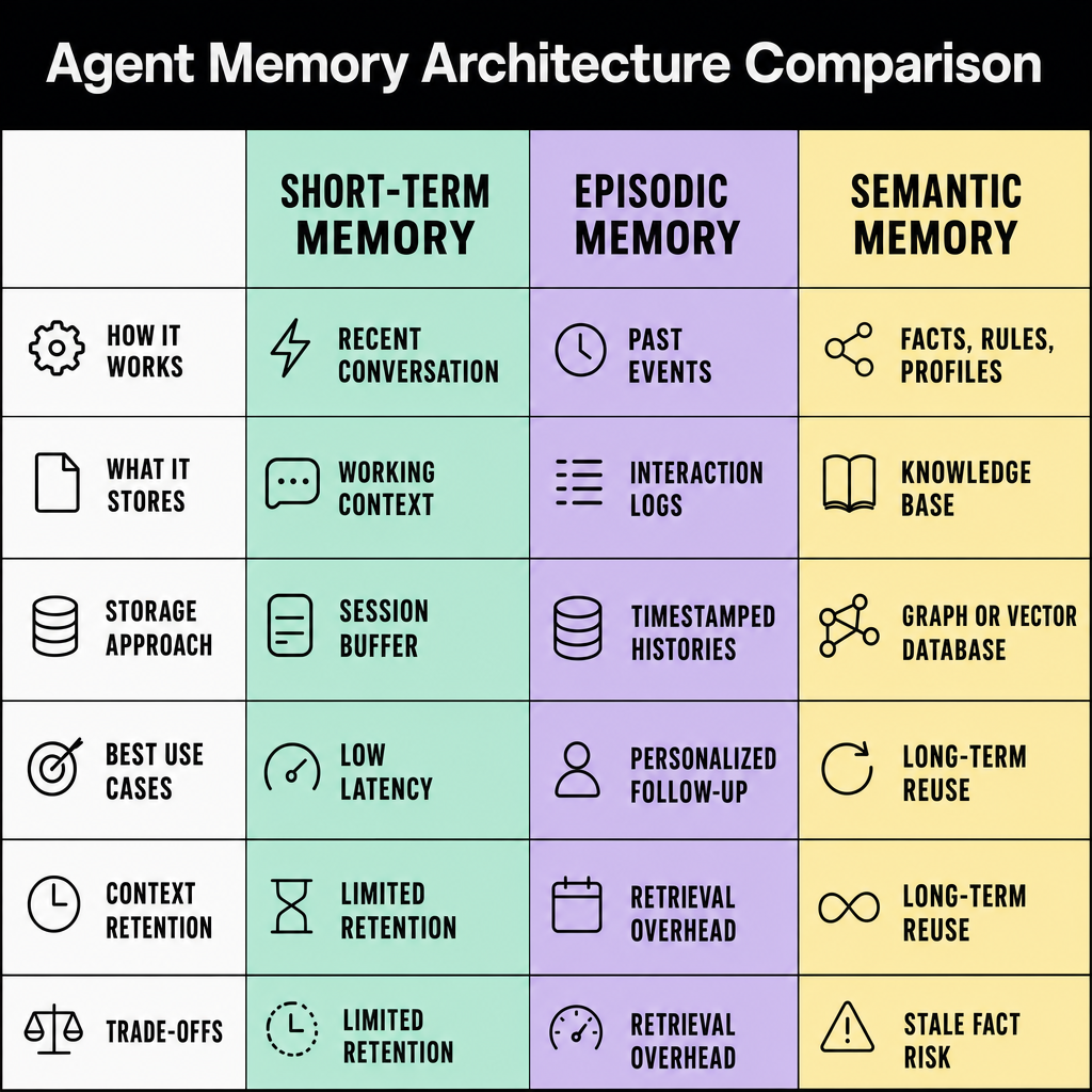 Square comparison table showing short-term memory, episodic memory, and semantic memory across rows for how each works, what data it stores, storage approach, use cases, context retention, and trade-offs
