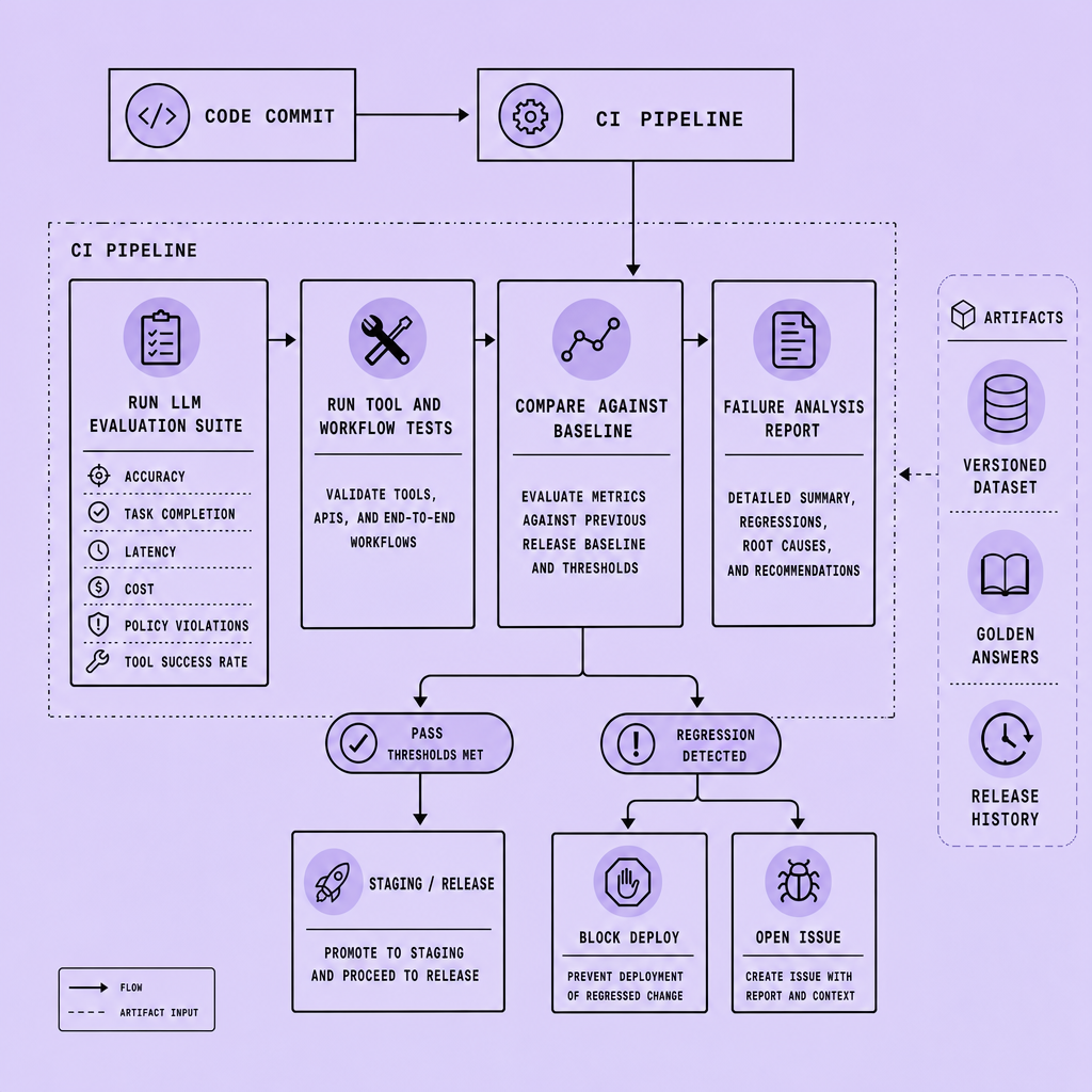 CI pipeline diagram showing code commit flowing into an LLM evaluation suite, baseline comparison, failure analysis report, and then either pass to release or blocked deploy on regression