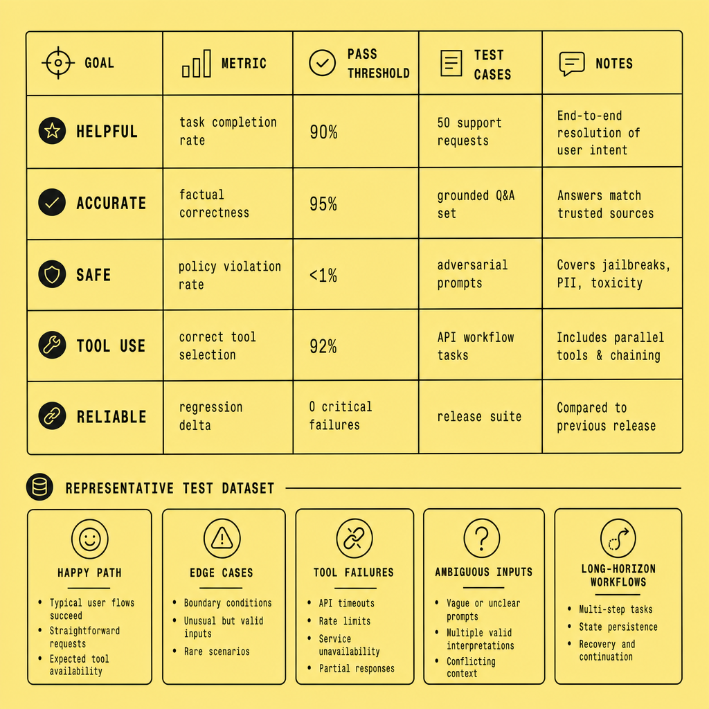 Evaluation matrix showing categories Helpful, Accurate, Safe, Tool Use, and Reliable mapped to specific metrics, pass thresholds, and representative test cases
