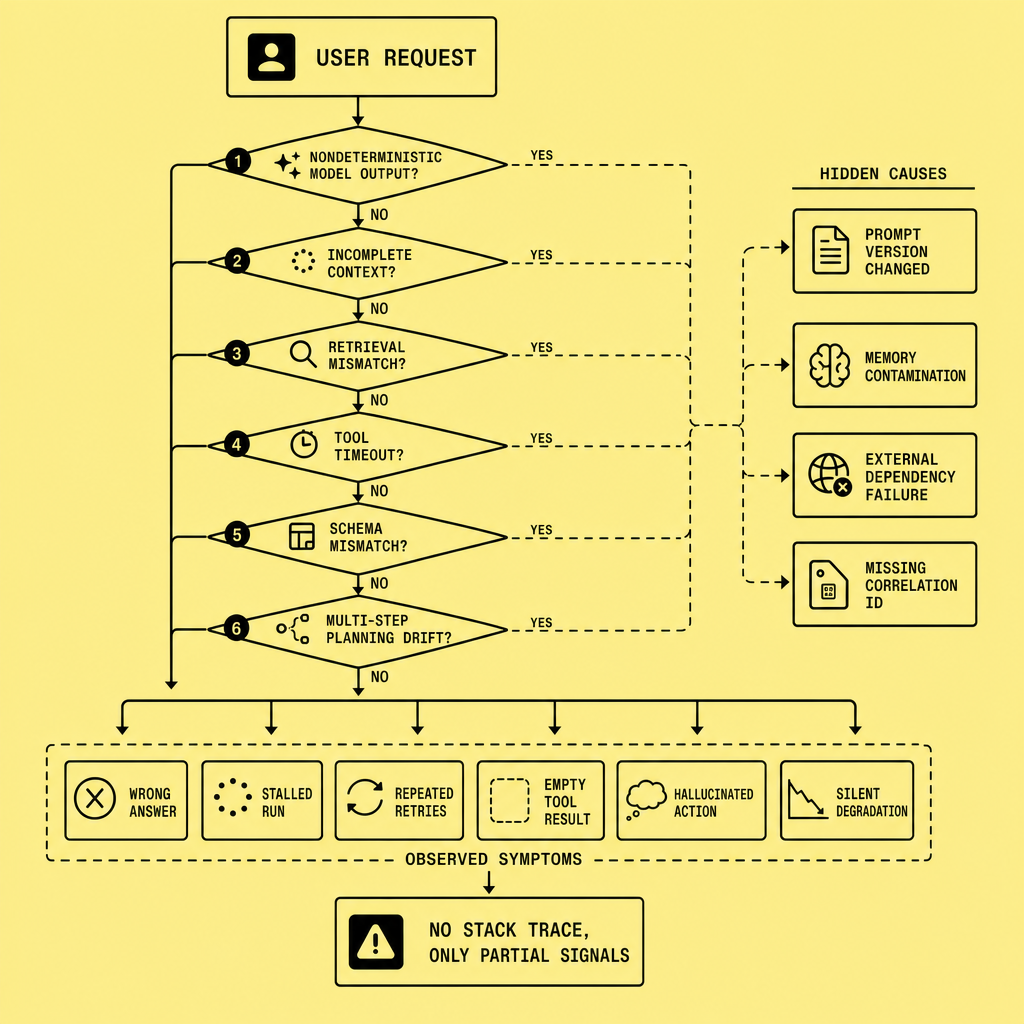 Flowchart showing a user request branching into nondeterministic output, retrieval mismatch, tool timeout, schema mismatch, repeated retries, and wrong answer, ending in a final box labeled no stack trace and only partial signals