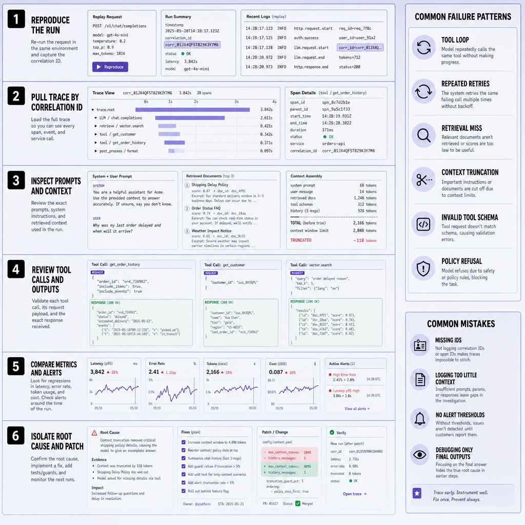 Six-step debugging workflow diagram showing trace spans with timestamps, prompts, retrieved documents, tool payloads, latency charts, a failure-pattern sidebar, and common mistakes such as missing IDs and weak alerts