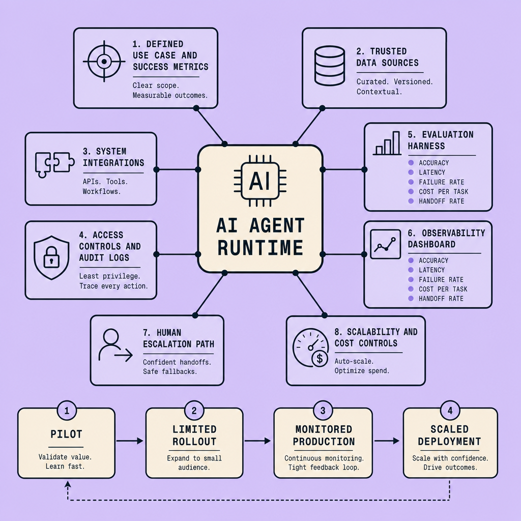 Architecture diagram with an AI Agent Runtime at the center, surrounded by components for success metrics, trusted data sources, system integrations, access controls, evaluation harness, observability dashboard, and scalability and cost controls
