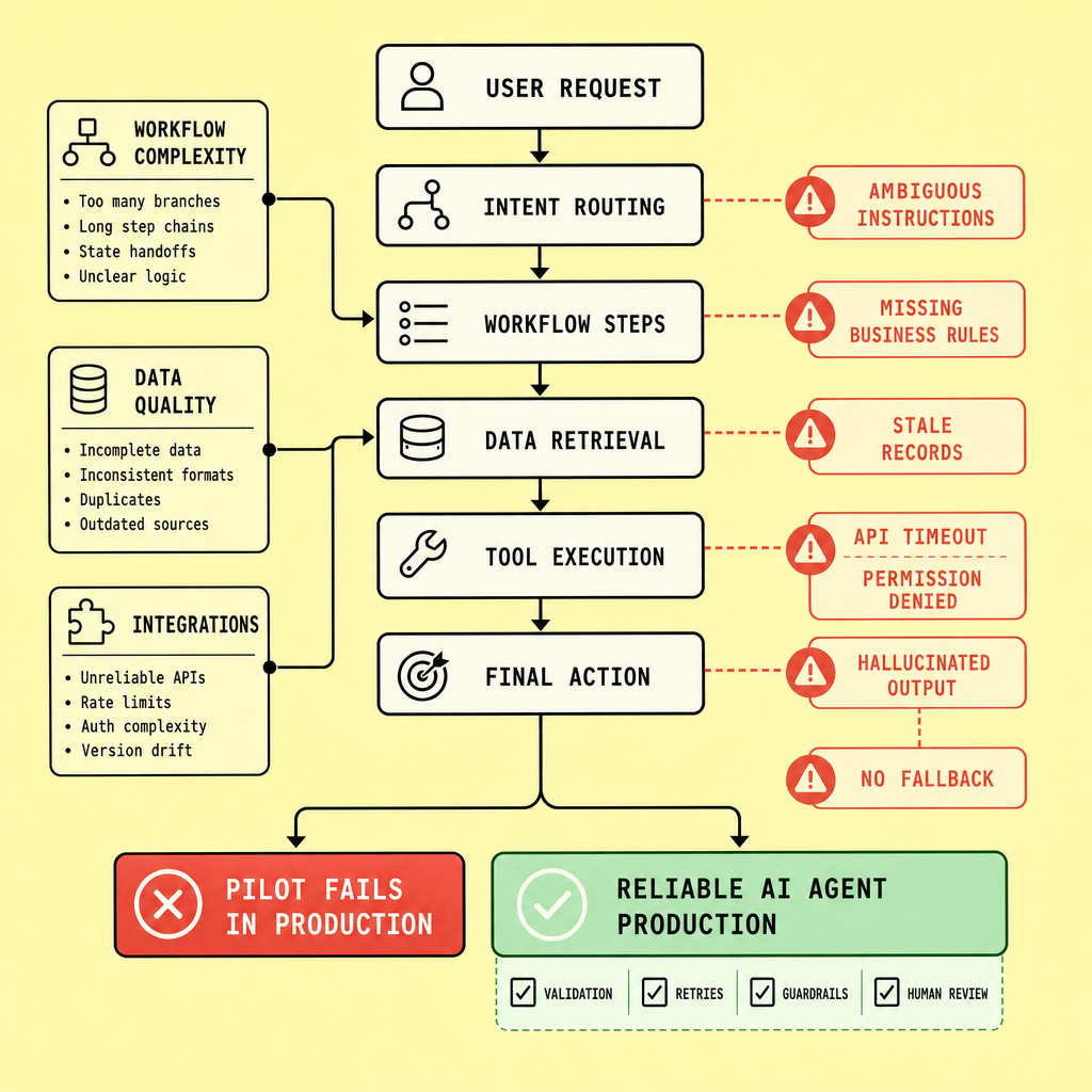 Flowchart showing a user request moving through agent steps to a final action, with warning markers for ambiguous instructions, stale records, API timeout, permission denied, hallucinated output, and no fallback across a complex workflow