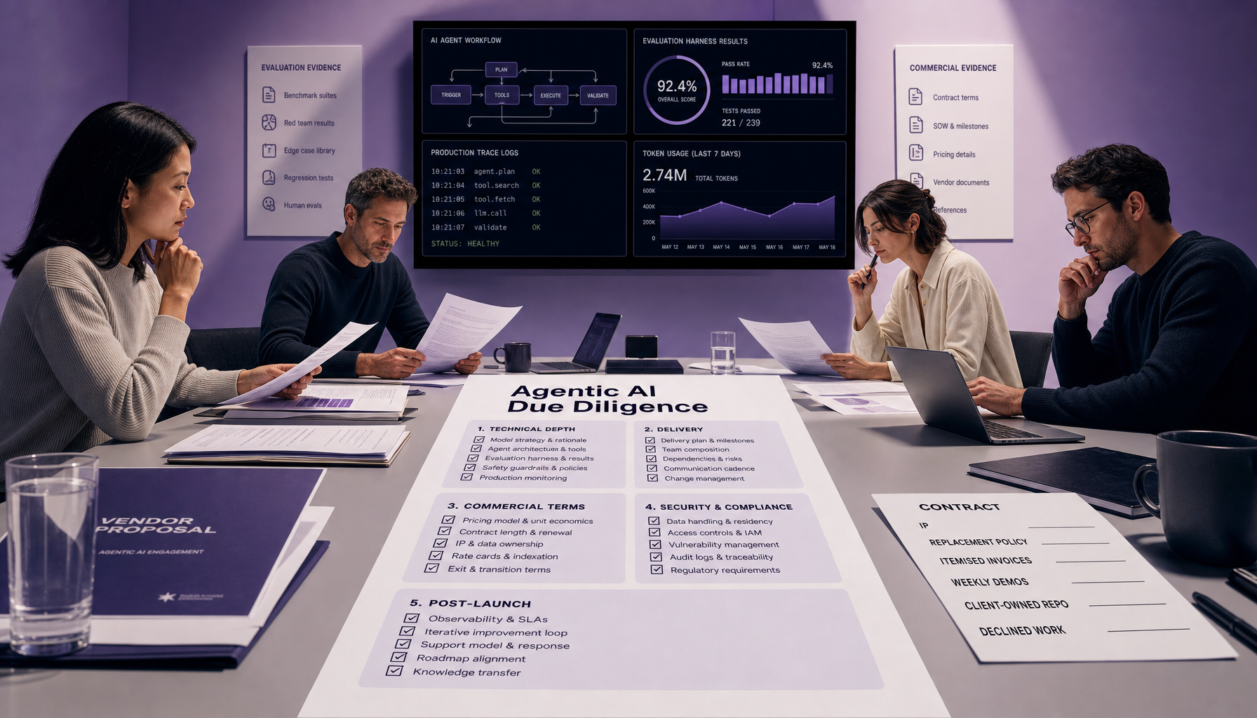 Buyer team reviewing a due-diligence checklist next to evaluation harness results, redacted production traces, a token usage chart, and labeled contract terms on a shared desk