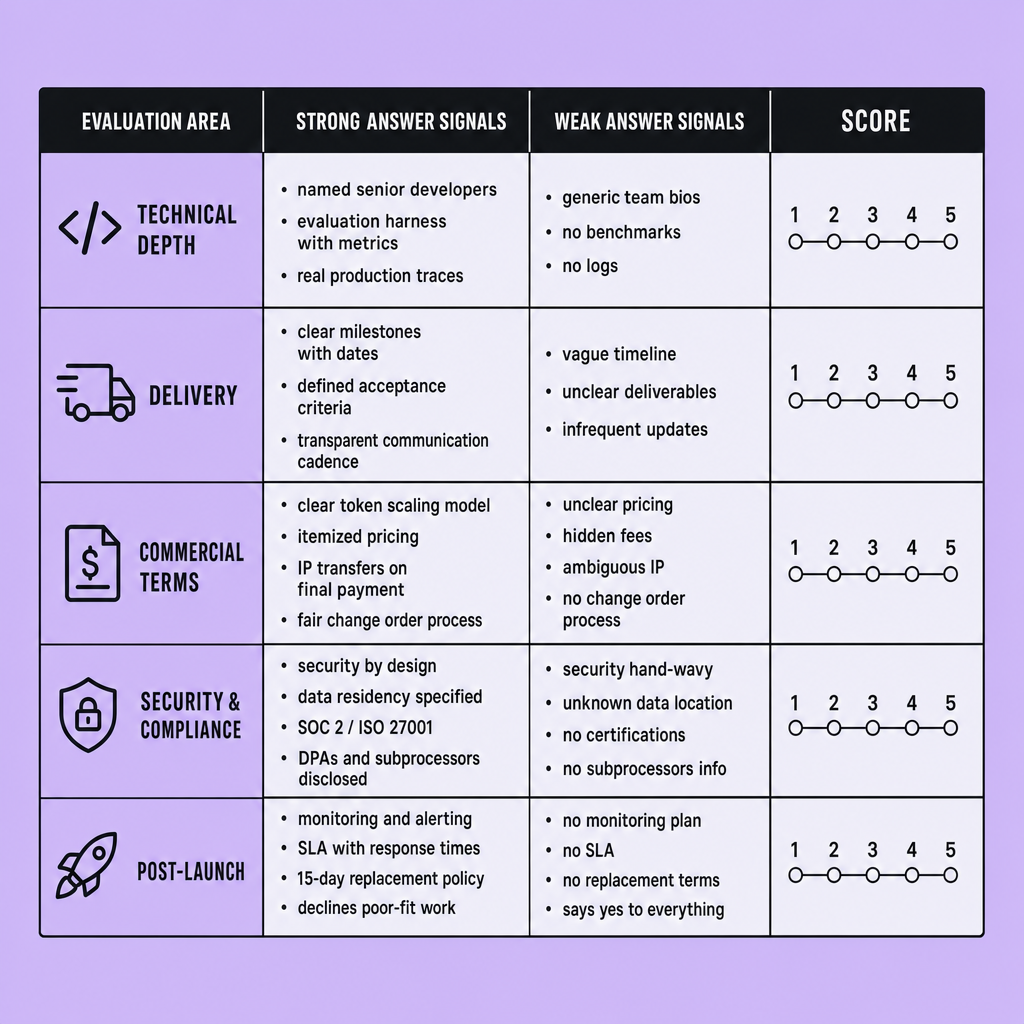 Comparison table showing side-by-side strong and weak vendor answers across technical depth, delivery, commercial terms, security compliance, and post-launch scoring criteria