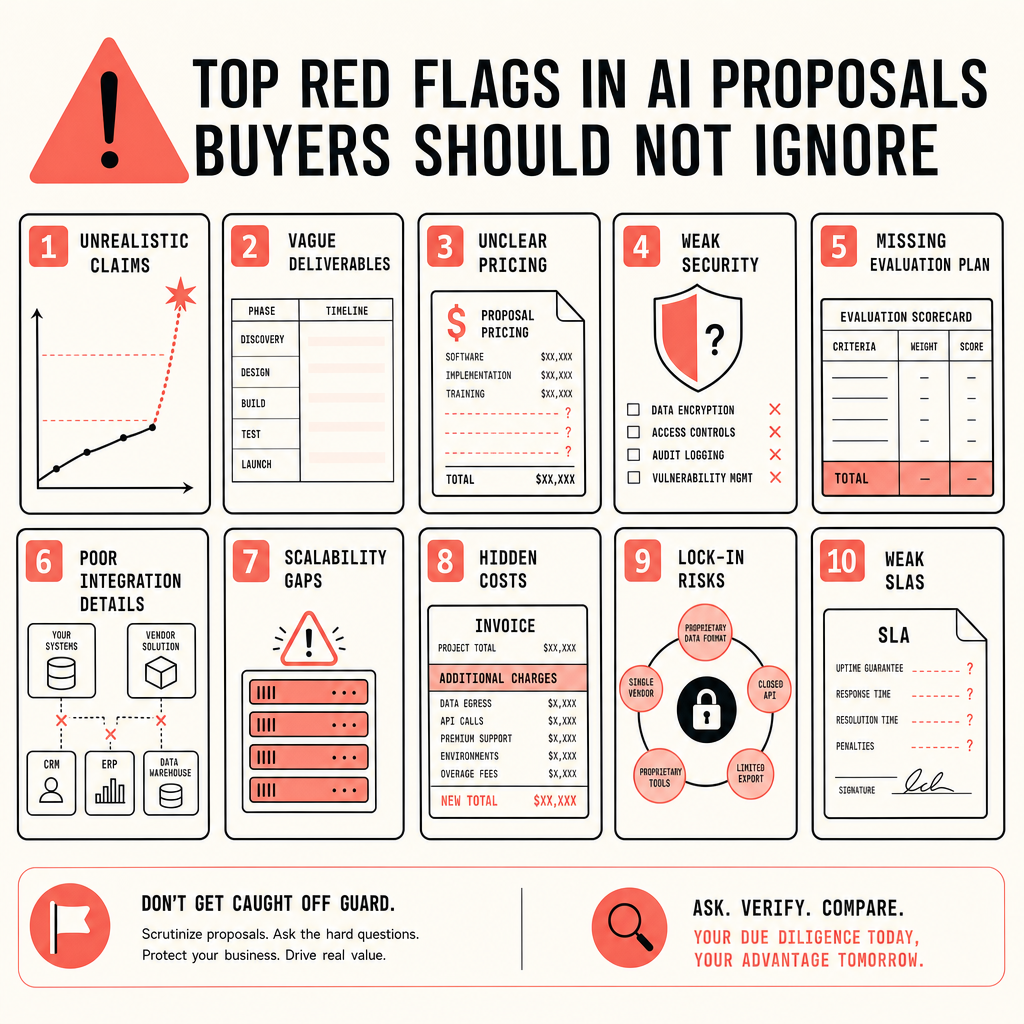 Ten-panel checklist showing red flags in AI vendor proposals, including unrealistic claims, vague deliverables, unclear pricing, weak security, hidden costs, lock-in risks, weak SLAs, missing evaluation plans, poor integration details, and scalability gaps