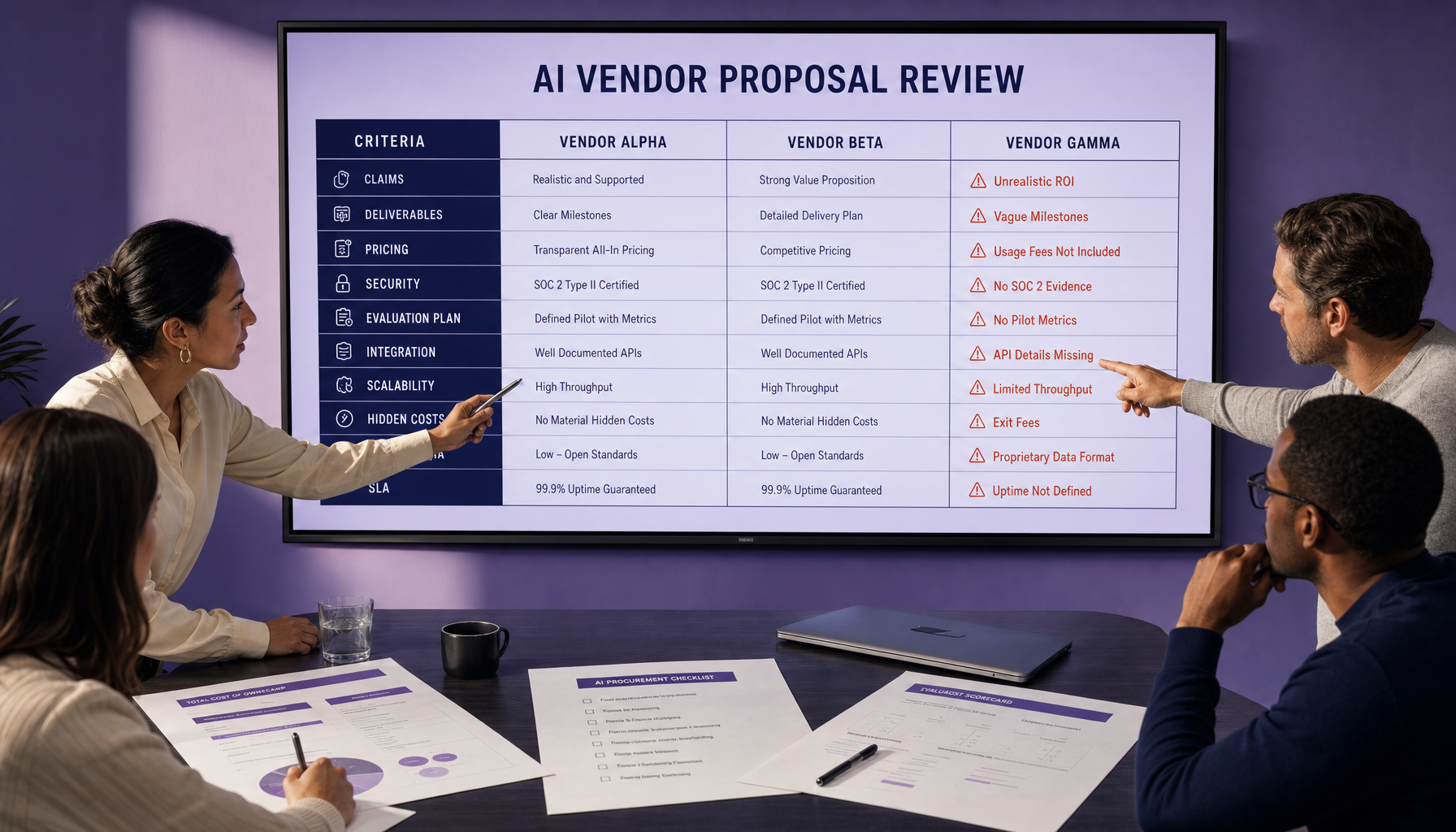 Comparison table of three AI vendor proposals with rows for pricing, security, scalability, lock-in risk, and SLA, showing several warning markers concentrated in one vendor column