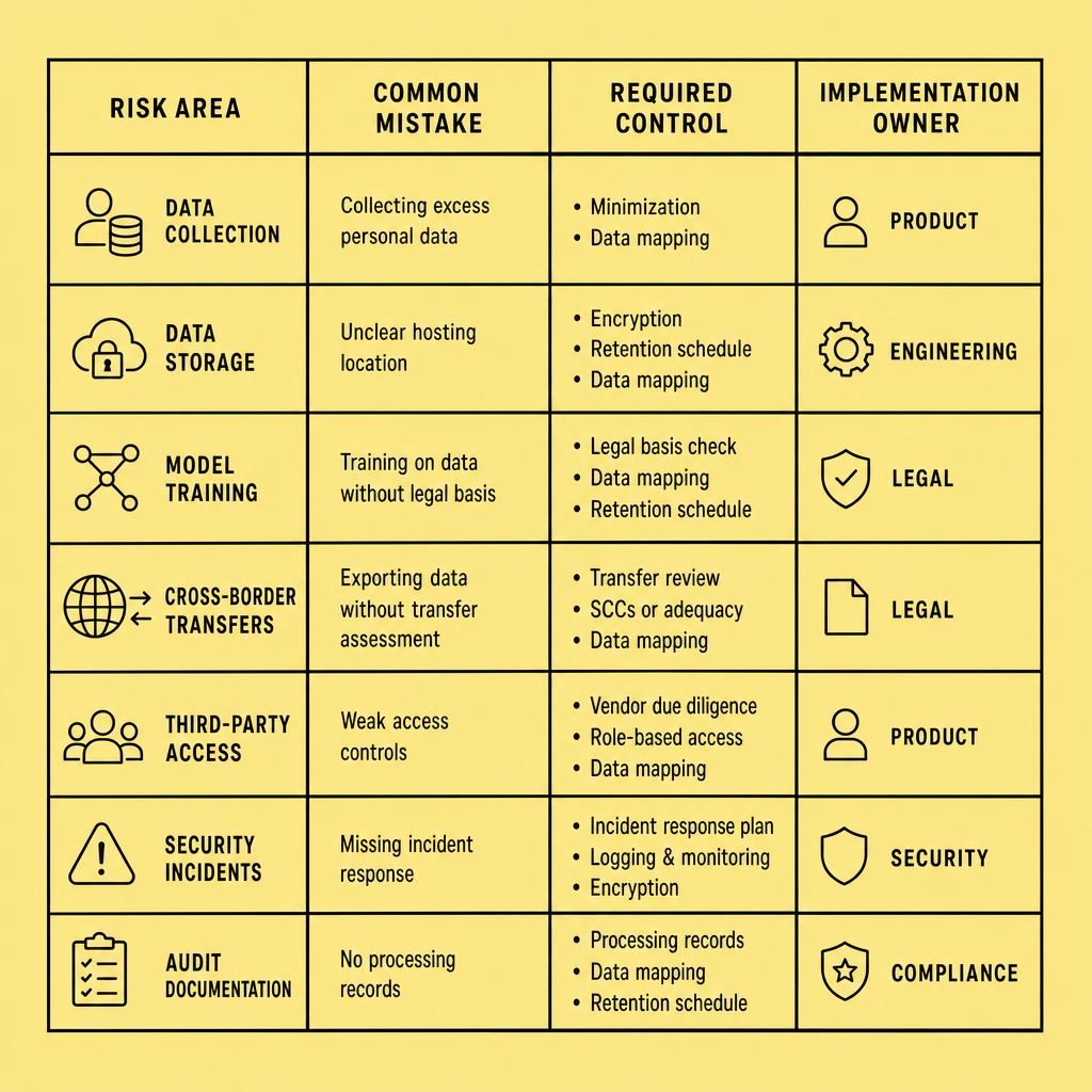Comparison table showing Saudi AI compliance risk areas, common mistakes, required controls such as encryption and transfer review, and implementation owners across product, engineering, legal, and security teams