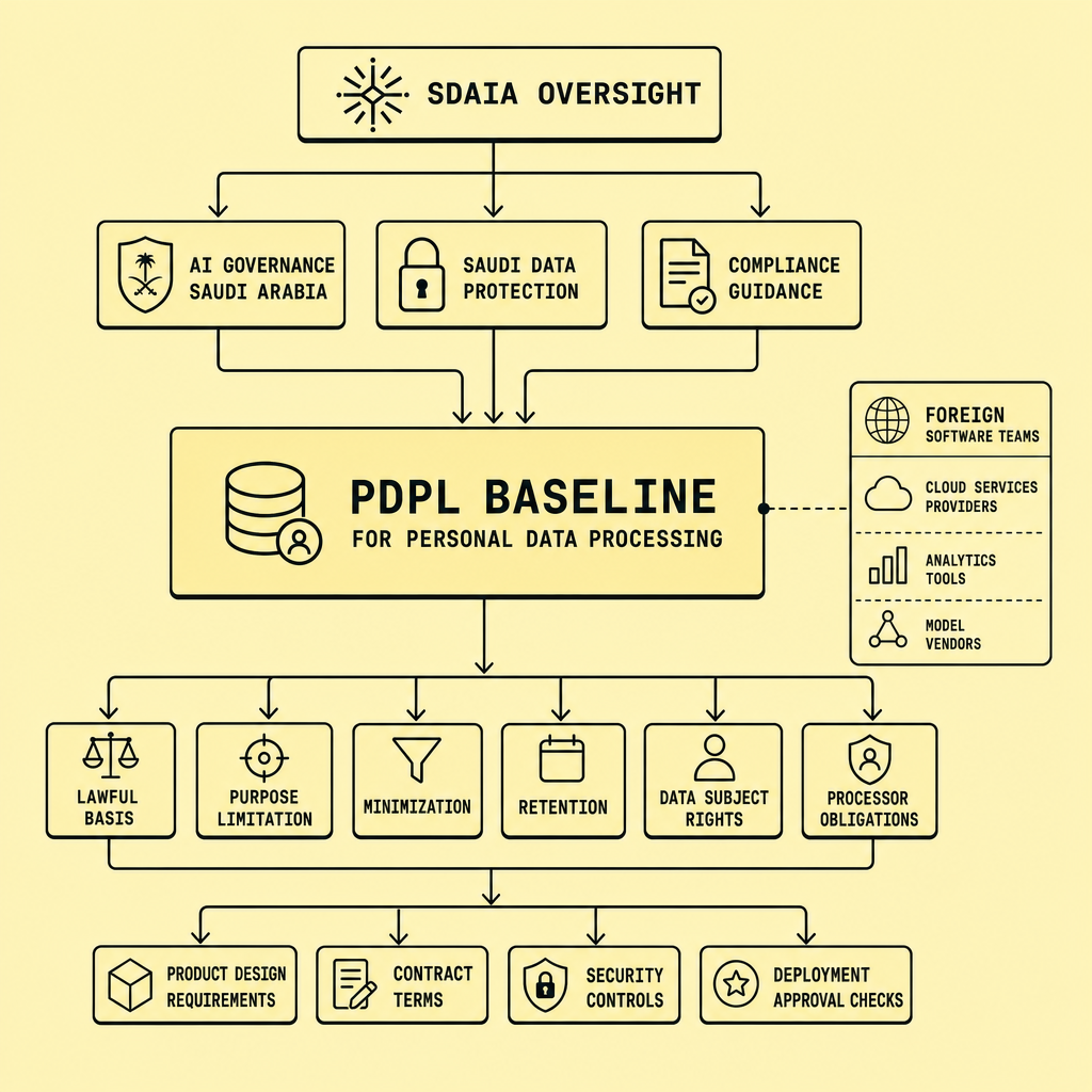 Flowchart showing SDAIA oversight leading to a PDPL baseline and branching into lawful basis, retention, data subject rights, processor obligations, and product design checks for foreign software teams