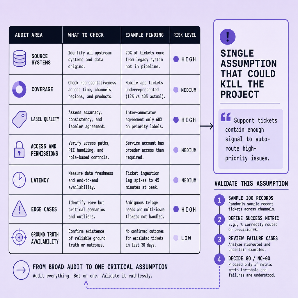 Data audit table showing source systems, coverage, label quality, permissions, latency, and edge cases next to a highlighted callout identifying one project-killing assumption