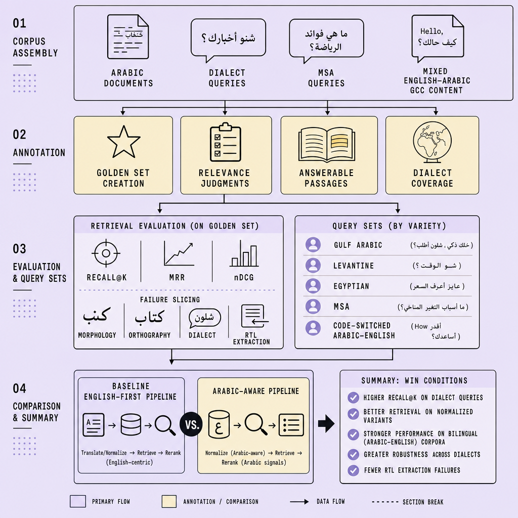 Flowchart showing Arabic RAG evaluation design with branches for golden-set creation, dialect and MSA query buckets, mixed GCC Arabic-English corpora, and metrics panels for Recall@k, MRR, and nDCG