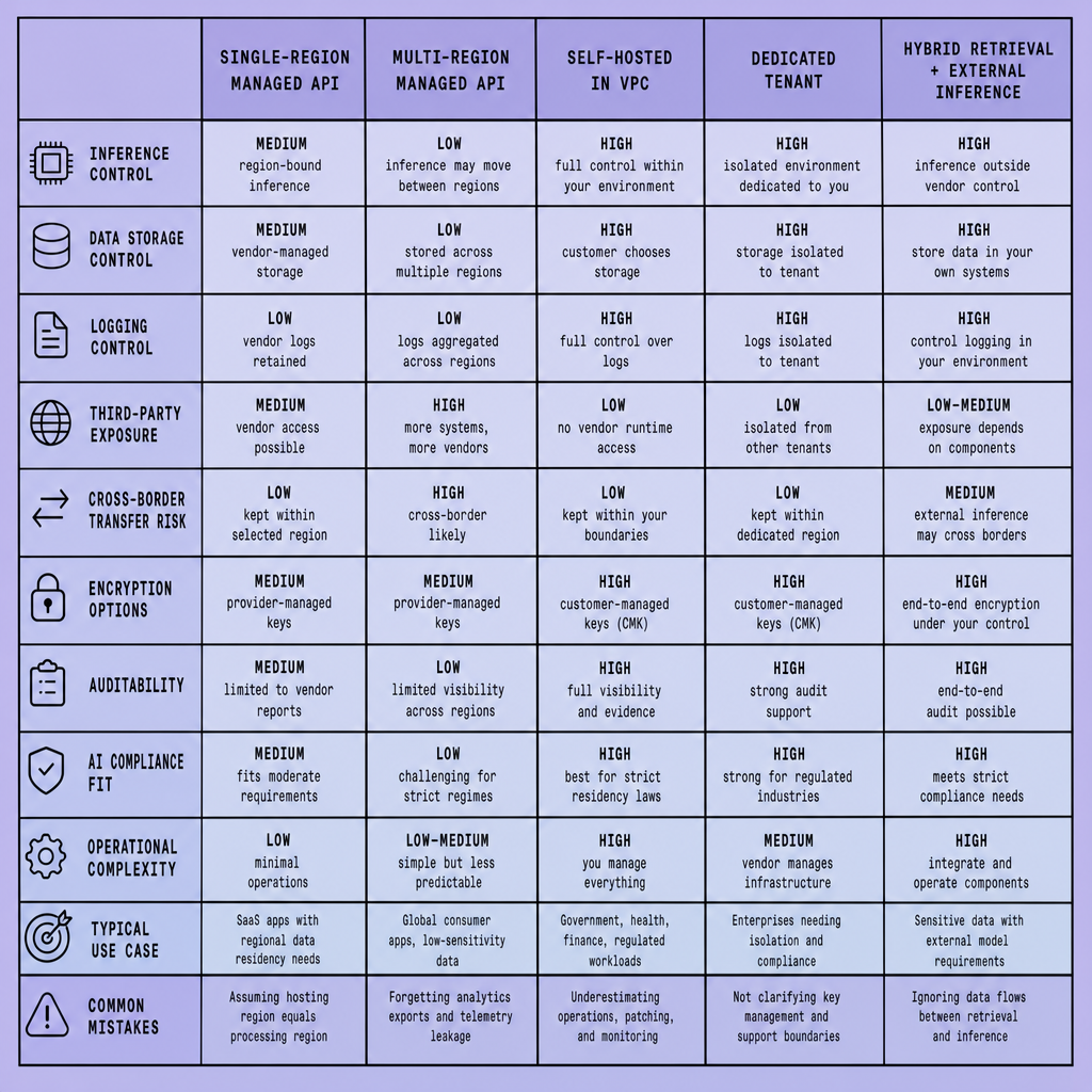 Comparison table showing five LLM infrastructure options rated by inference control, storage control, logging control, cross-border transfer risk, auditability, compliance fit, and common mistakes