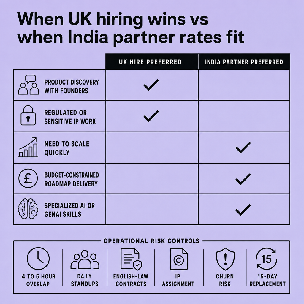 Decision matrix showing when a UK hire is preferred versus when an India partner is preferred across discovery work, sensitive IP, scaling speed, budget constraints, and AI skills, with notes on timezone overlap, English-law contracts, and replacement terms
