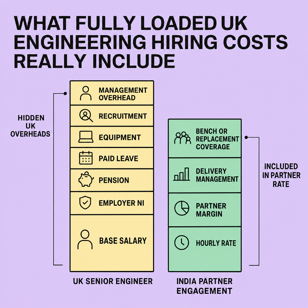 Stacked bar chart comparing UK senior engineer cost components such as salary, employer NI, pension, paid leave, equipment, recruitment, and management overhead against India partner engagement cost components for equivalent delivery capacity