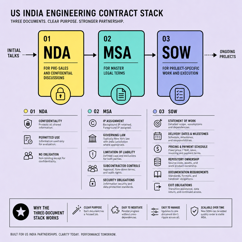 Flowchart showing NDA, MSA, and SOW blocks linked in sequence, with each block listing confidentiality, IP assignment, governing law, scope, milestones, pricing, and repository ownership details