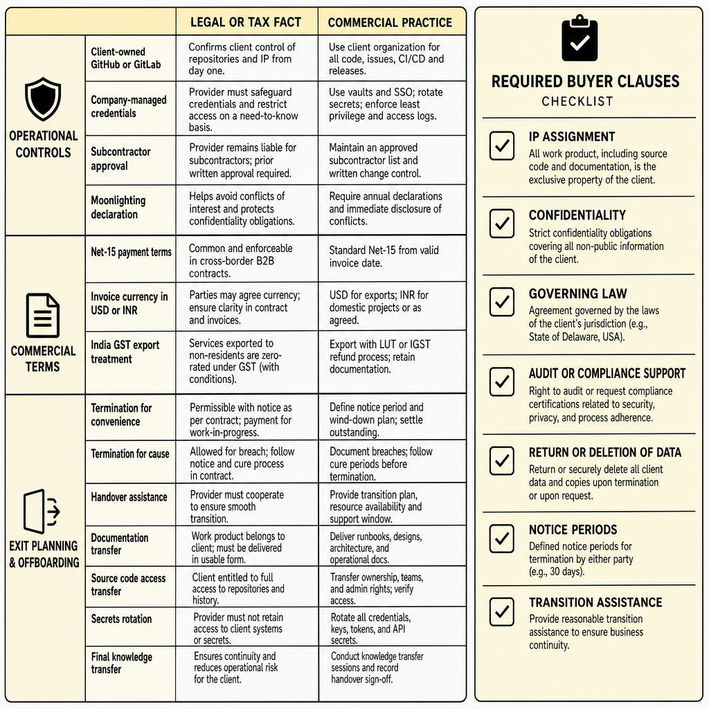 Two-column table separating legal or tax fact from commercial practice, with rows for GitHub ownership, Net-15 payment terms, GST export treatment, termination rights, handover obligations, and access transfer steps