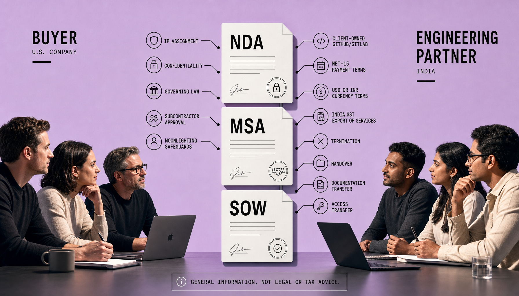 Diagram showing a US buyer and an Indian engineering partner connected by NDA, MSA, and SOW documents, with labeled callouts for IP assignment, governing law, GitHub access, Net-15 payment terms, and India GST export treatment
