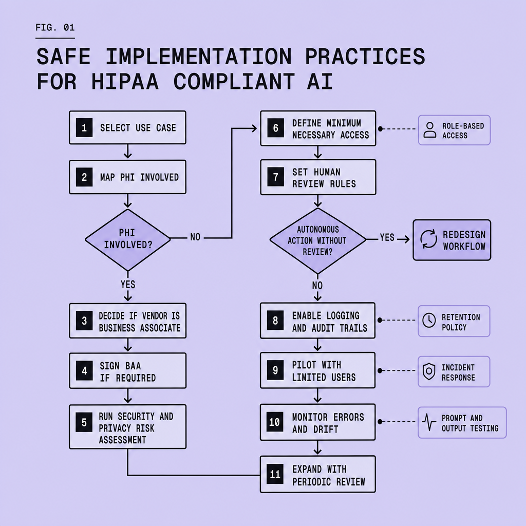 Flowchart for implementing HIPAA-compliant AI showing steps for use case selection, PHI mapping, BAA review, risk assessment, human oversight, audit trails, pilot rollout, and redesign decisions
