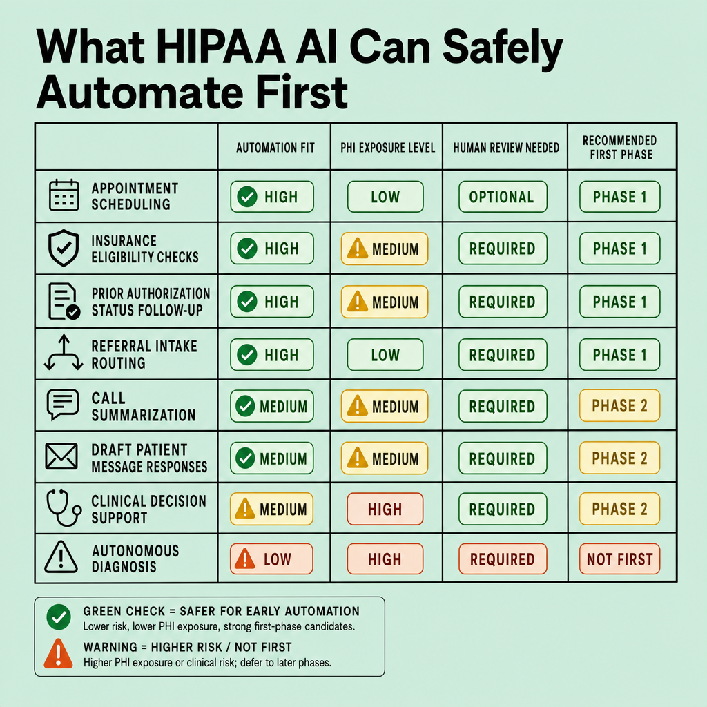 Matrix comparing healthcare AI use cases such as scheduling, eligibility checks, referral intake, call summaries, draft replies, decision support, and diagnosis across automation fit, PHI exposure, review needs, and rollout priority
