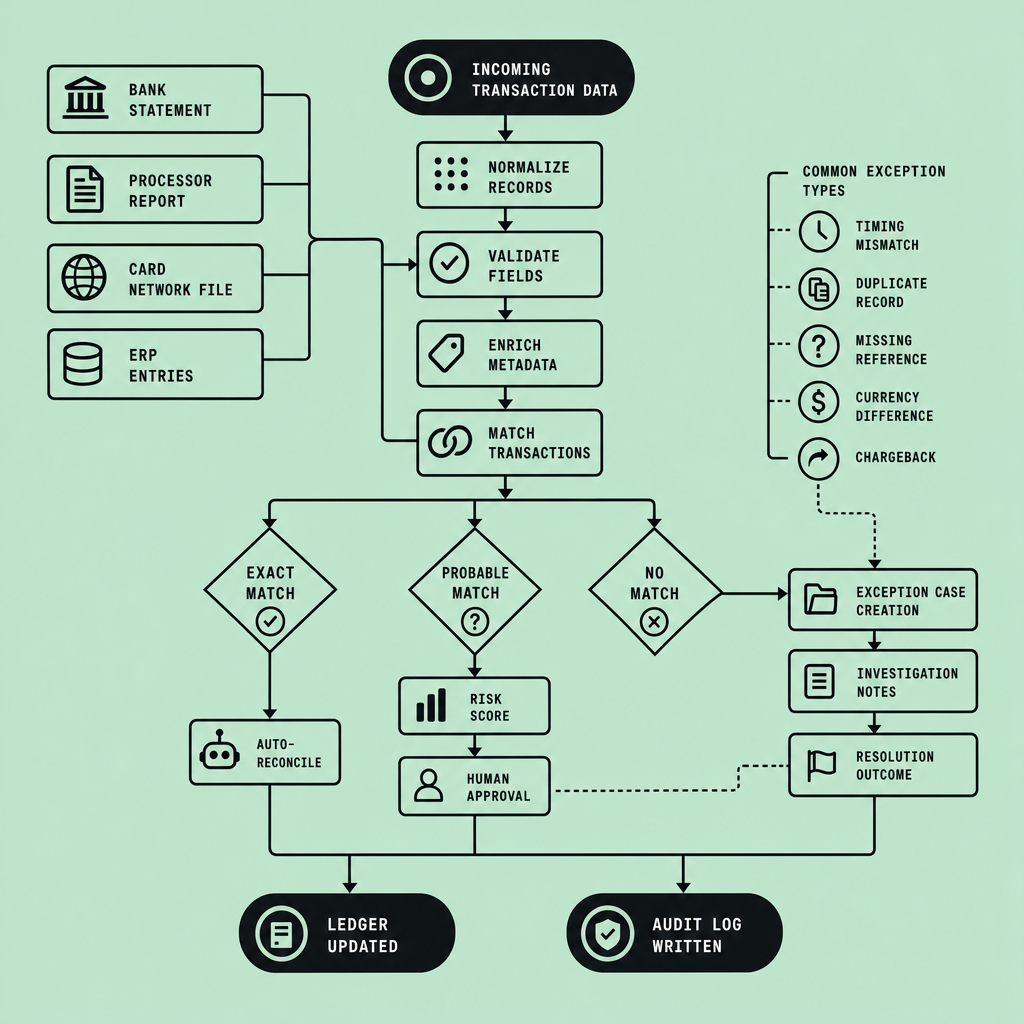 Workflow chart showing bank, payment processor, card network, and ERP data flowing through normalization, matching decisions, exception handling, human approval, ledger update, and audit log steps