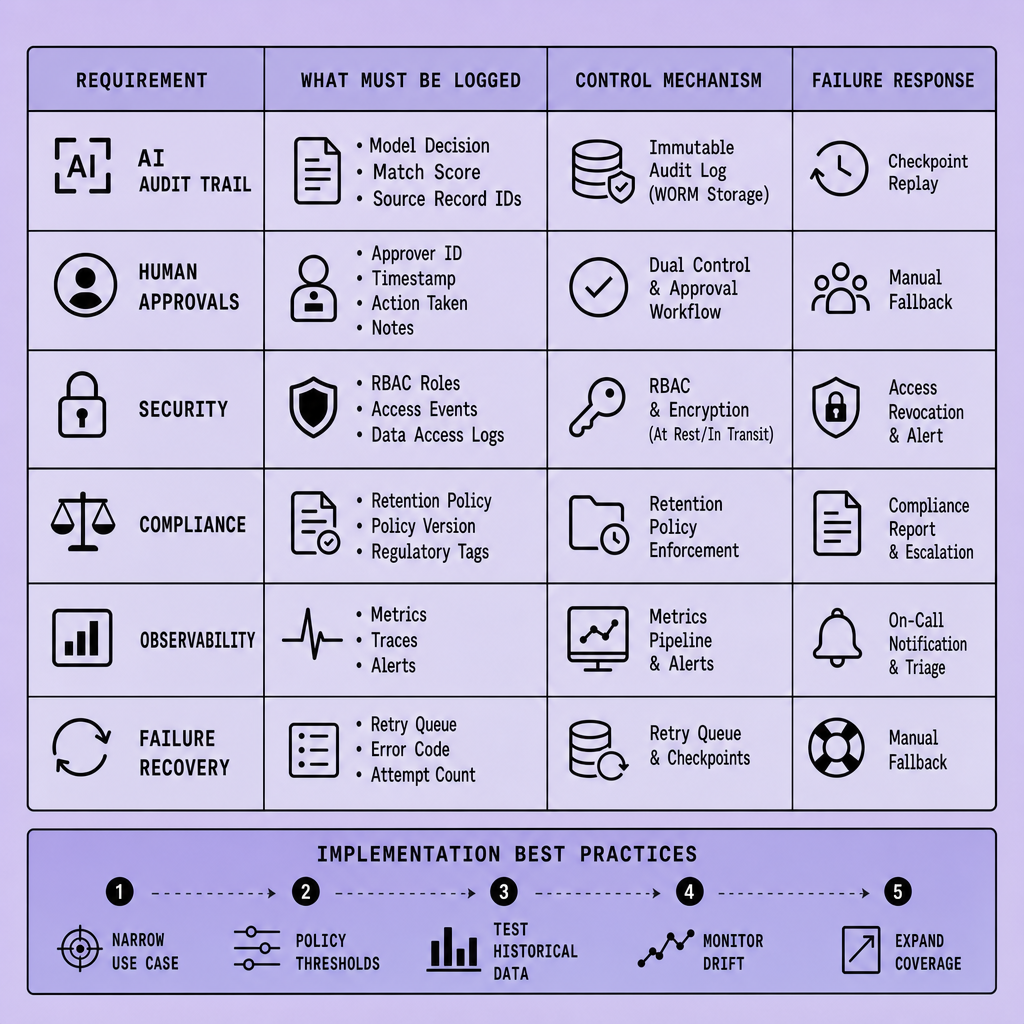 Feature matrix showing AI audit trail, human approvals, security, compliance, observability, and failure recovery categories with corresponding logged fields, control mechanisms, and response actions